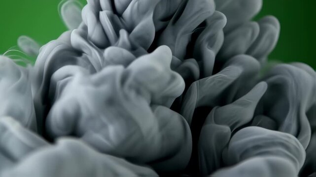 Abstract macro shot captures flowing grey shapes against a green background, with dynamic forms
