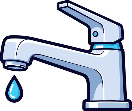 Cartoon illustration of a dripping water faucet with a single blue water drop.