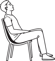 Relaxed young man sitting on a chair with eyes closed, line art illustration