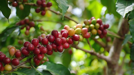 Red coffee berries ripening on branches amidst lush green leaves on a coffee tree in a serene plantation setting