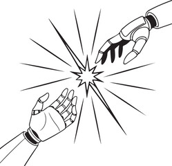 Robotic Hands Reaching for Spark: AI and Human Connection Concept Illustration