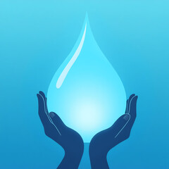 Cupped hands gently hold a glowing water droplet against a soft blue background, symbolizing purity and conservation.