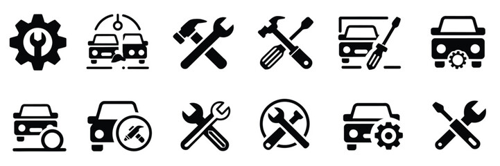 Automotive service and car repair icon set showing tools, gear, engine, diagnostics, garage, and maintenance symbols, editable stroke vector style perfect for auto workshops, service centers © WelcomeJune