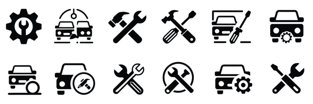 Automotive service and car repair icon set showing tools, gear, engine, diagnostics, garage, and maintenance symbols, editable stroke vector style perfect for auto workshops, service centers
