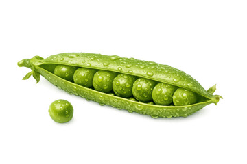 Fresh green pea pod with water drops and loose peas, healthy organic vegetable food, transparent background