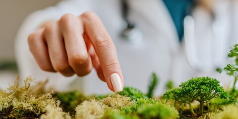 Female doctor pointing at miniature greenery to promote holistic healthcare technology and natural wellness solutions in a clinical setting with copy space