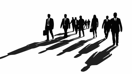 Group of business people walking forward with long shadows.