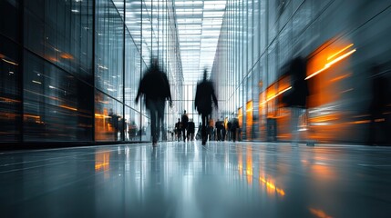 People walking in modern glass corridor