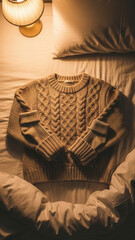 Fototapeta premium Cozy wool sweater and socks artfully arranged on a bed illuminated by soft lamp light, creating a warm and inviting atmosphere with plush pillows and duvet