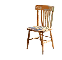 A weathered wooden chair on a black background, with visible grain and vertical back slats