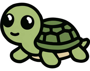 Obraz premium Adorable cartoon turtle illustration, large eyes, smiling, green shell and body, black outlines
