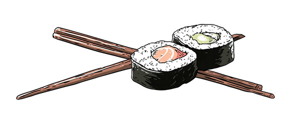 Artistic illustration of two sushi rolls with fish and vegetables, placed with brown chopsticks on a black background