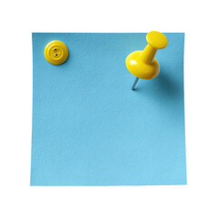 Blue square note with two yellow fasteners, one a button the other a thumbtack