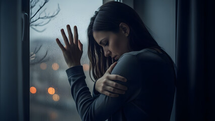 Naklejka premium Emotional young woman crying and leaning against a rainy window at night