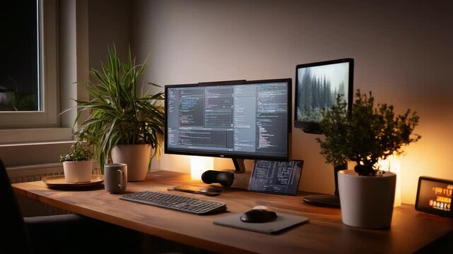 A Cozy and Productive Workspace Featuring Multiple Monitors, Lush Greenery, and Soft Lighting in a Modern Home Office Setting