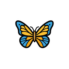 Colorful butterfly illustration with orange and blue wings against a solid black background