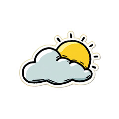 A cartoon image depicting a stylized yellow sun peeking from behind a fluffy, light-blue cloud