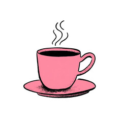 Pink teacup on saucer, steam rising, set against a stark black background