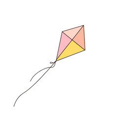 A simple, colorful kite with a long tail against a solid black background