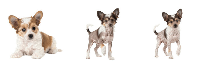 Obraz premium Chinese Crested Puppy Isolated on White Background, Chinese Hairless Dog, Purebred Elegant Young Canine, Spotted Skin Tufted Baby Pet Standing
