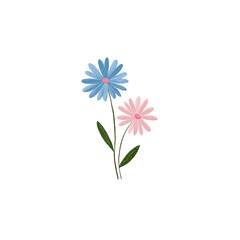 Two colorful daisy-like blossoms on green stems against a black backdrop, simple illustration