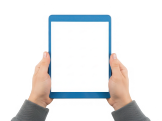 Hands holding blue tablet isolated on transparent background