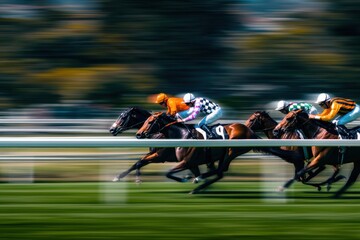 thoroughbred racehorses sprinting on lush green racetrack during Melbourne Cup, jockeys in colorful silk uniforms, motion blur showing speed, bright sunny day, no text.