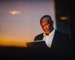 Mature businessman using tablet computer for risk management and financial investment assessment in a corporate office setting with soft vintage lighting and copy space