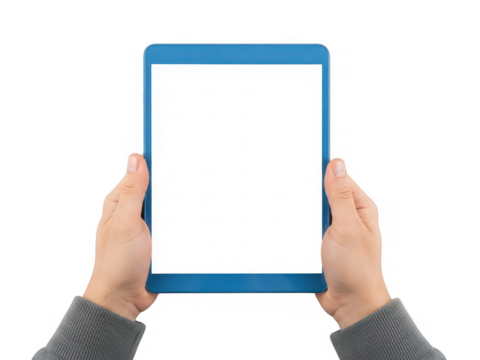 Hands holding blue tablet isolated on transparent background - Powered by Adobe