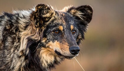 A close-up portrait of a wild dog with a blurred background, captured in a natural environment, showcasing its detailed fur and facial features