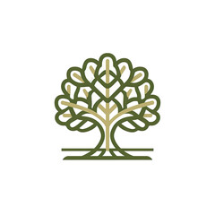 Modern outline of an oak tree, stylized and geometric, in earthy greens against black