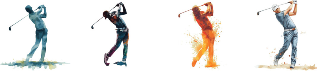 Watercolor set silhouette of golfer action pose. Isolated on white background
