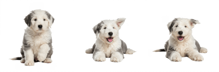 Old English Sheepdog Puppy Isolated on White Background, Bobtail, Purebred Shaggy Herding Breed, Fluffy White and Grey Young Canine, Standing Baby Pet Portrait.