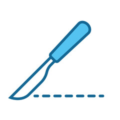 Blue surgical scalpel slices above a dotted line illustration. Ideal for medical illustrations, educational materials, and healthcare designs, showcasing precise surgical cuts and procedural guidance 