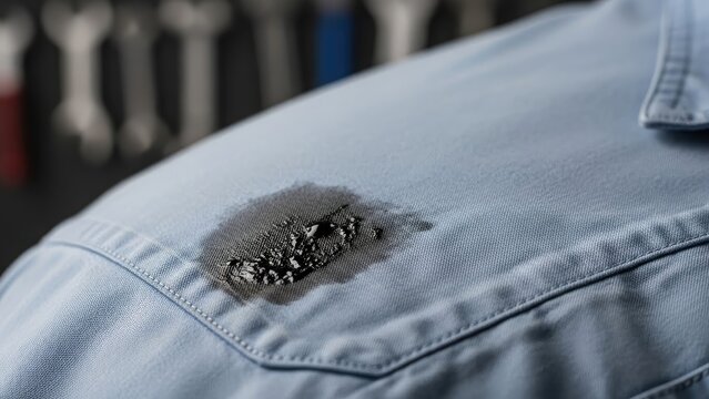 Close-up of a light blue denim shirt with a dark, oily stain on the upper back