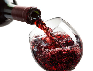 Close-up of a wine bottle pouring dark red liquid into a glass against a black background