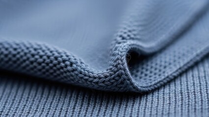 Close-up of blue knit fabric with detailed textures and folds, soft focus