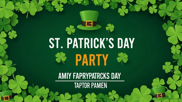 St Patricks Day party invitation with shamrocks and leprechaun hat festive green design for Irish celebration suitable for flyers and social media