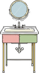 Illustration of a bathroom vanity with a circular mirror, sink, and two-tone cabinet