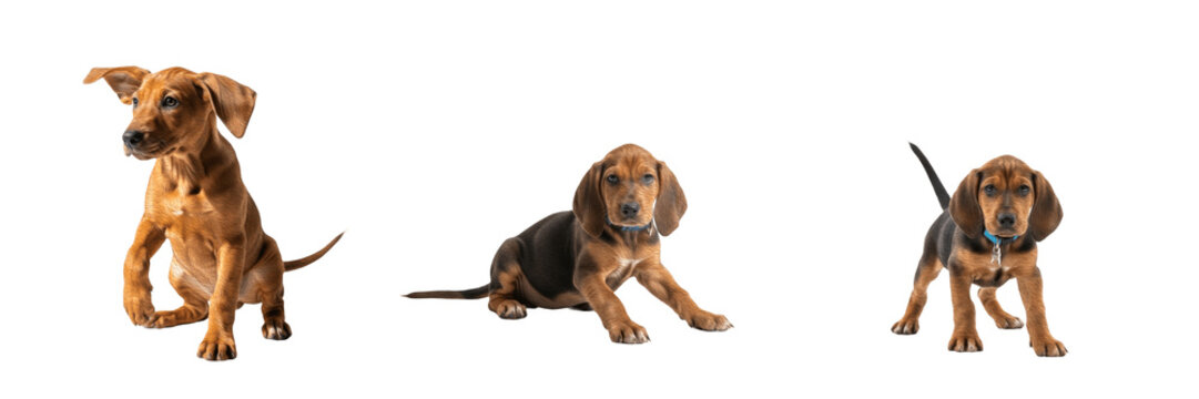 Redbone Coonhound Puppy Isolated on White Background, American Scent Hound, Purebred Solid Red Young Canine, Standing Baby Pet Portrait, Smooth Short Hair