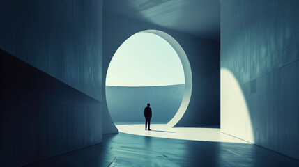 A person walking alone through a massive, smooth, curved tunnel-like structure illuminated by natural light and abstract forms.