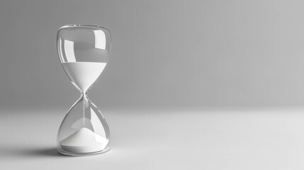 A clear glass hourglass filled with white sand slowly trickling, set against a smooth, neutral gray backdrop evoking simplicity and patience.