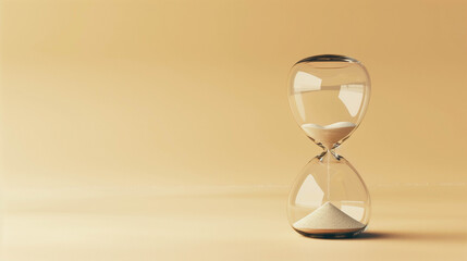 A clear hourglass filled with fine white sand placed on a soft beige surface, creating a warm, elegant, and tranquil composition.