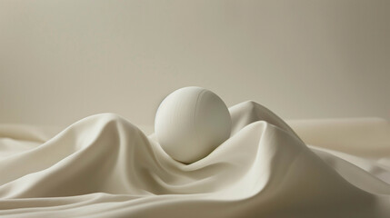 A soft white sphere rests on flowing ivory fabric, creating a calm and elegant scene with soft shadows and smooth texture.