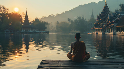 A serene scene of a monk sitting cross-legged in deep meditation on a dock by a tranquil lake with temples and misty mountains in the background.