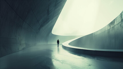 A person stands alone inside a monumental architectural space filled with dramatic light beams and contrasting shadows.