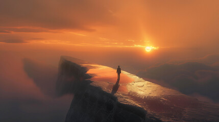 A lone figure walking across a mystical, illuminated cliffside path at sunset, with clouds and warm tones evoking dreamlike wonder.