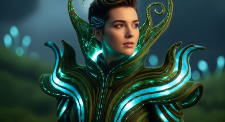 Woman in futuristic glowing green costume with metallic sheen and blue accents looking forward with a serious expression in a dark mystical environment with bokeh lights