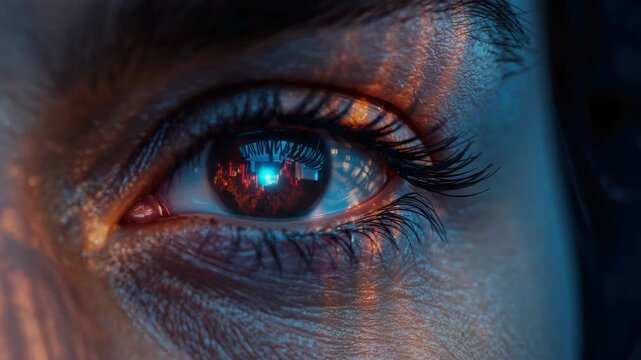 Close up eye reflection of cityscape skyline at night with warm cinematic mood and dramatic lighting