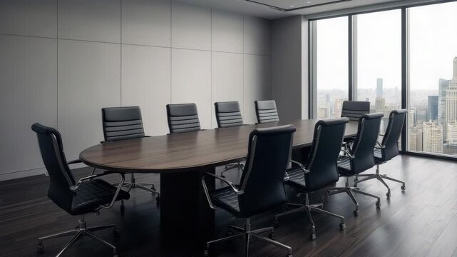 Modern boardroom conference room with oval wood table and leather swivel chairs overlooking city